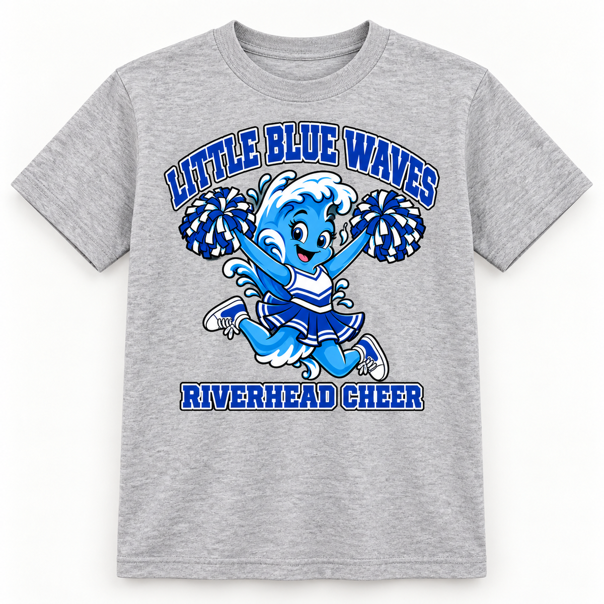 Riverhead Little Blue Waves youth cheer T-shirt in Athletic Heather, front view