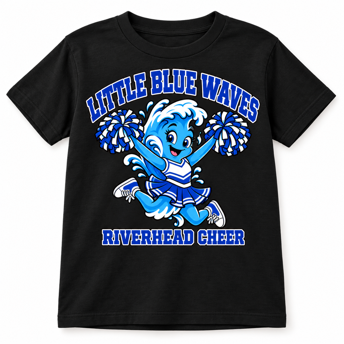 Riverhead Little Blue Waves youth cheer T-shirt in Black, front view