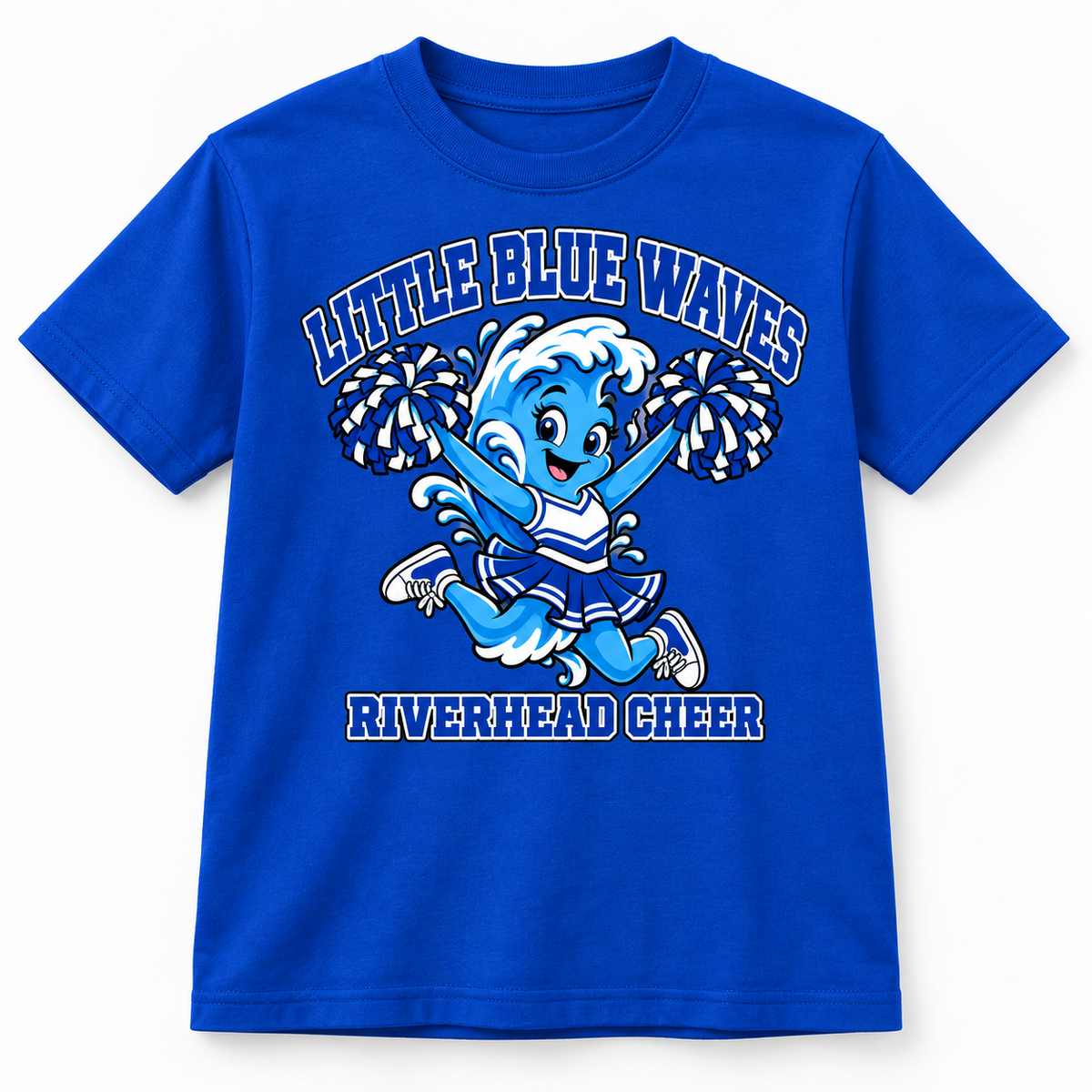 Riverhead Little Blue Waves youth cheer T-shirt in Royal, front view