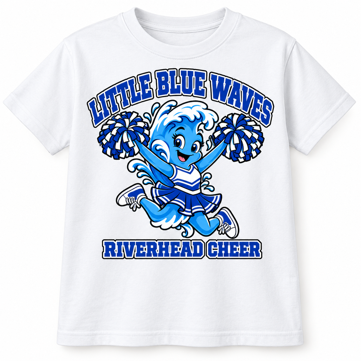 Riverhead Little Blue Waves youth cheer T-shirt in White, front view