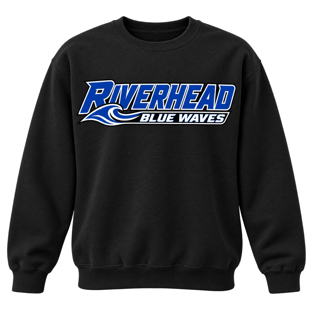 Riverhead Blue Waves Pro Slant adult crewneck sweatshirt in Black, front view