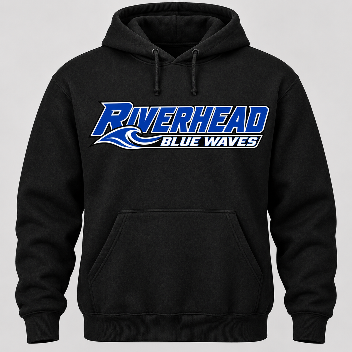 Riverhead Blue Waves Pro Slant adult pullover hoodie in Black, front view