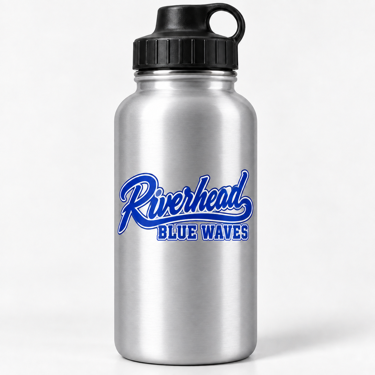 Riverhead Blue Waves silver aluminum water bottle with blue and white baseball script
