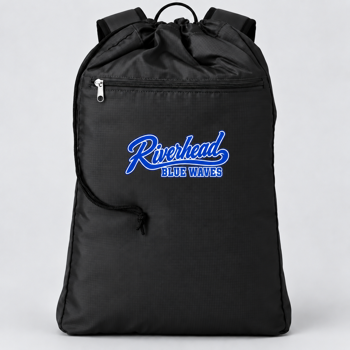 Riverhead Blue Waves baseball-script black ripstop cinch backpack, front zip pocket and blue-and-white print