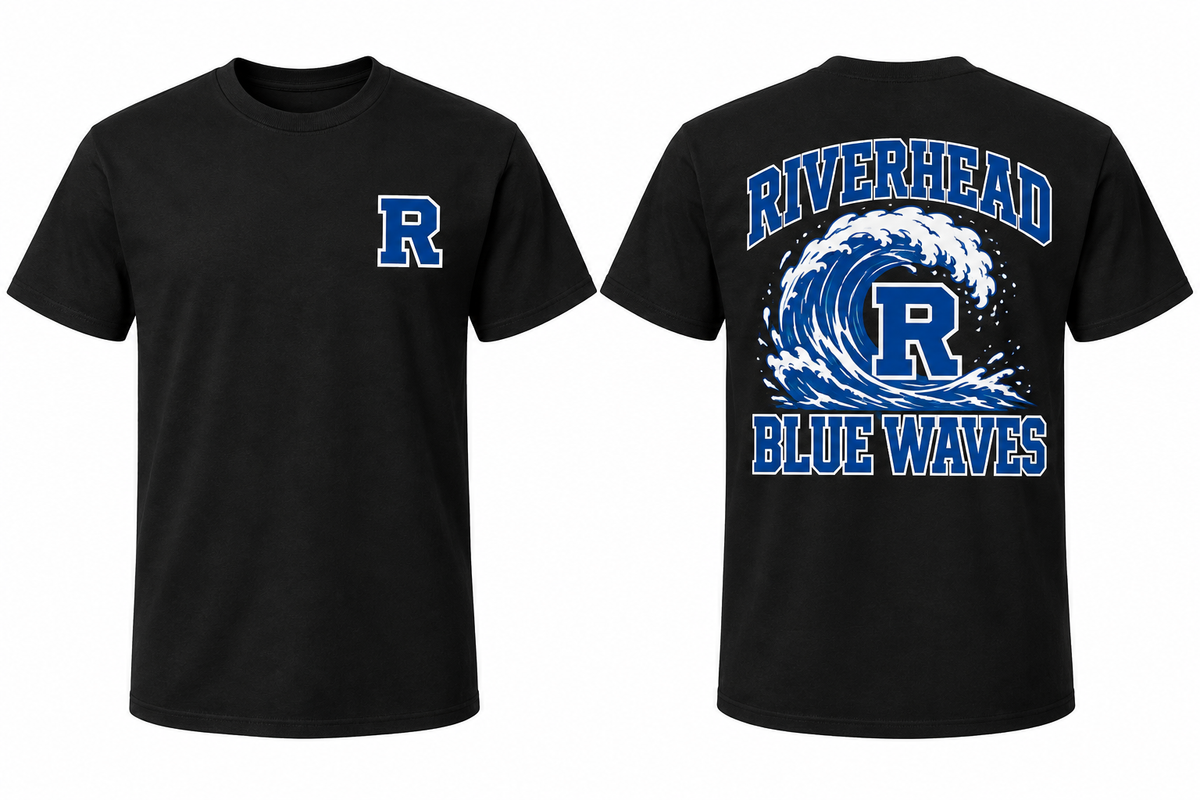 RIVERHEAD BLUE WAVES black tee front and back