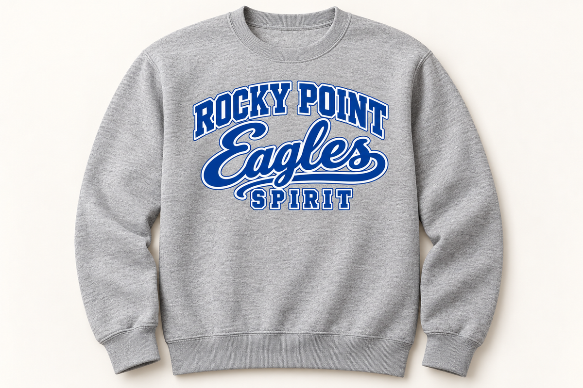 Rocky Point Eagles Spirit varsity-script Athletic Heather crewneck, single front view with blue-and-white lettering