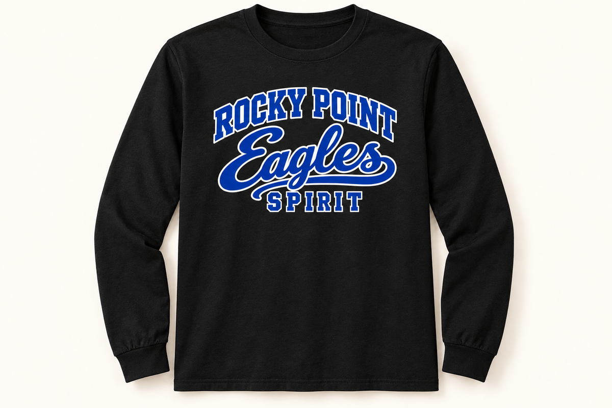 Rocky Point Eagles Spirit varsity-script Jet Black long-sleeve tee, single front view with blue-and-white lettering