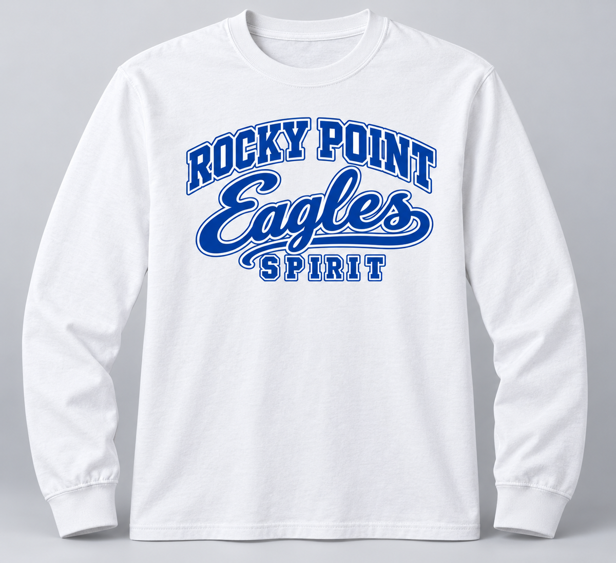 Rocky Point Eagles Spirit varsity-script White long-sleeve tee, single front view with blue-and-white lettering