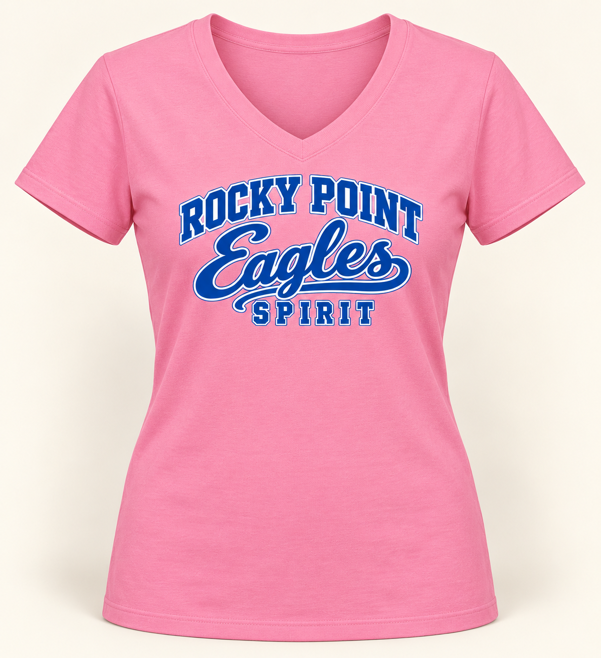 Rocky Point Eagles Spirit varsity-script Candy Pink women's V-neck, single front view with blue-and-white lettering
