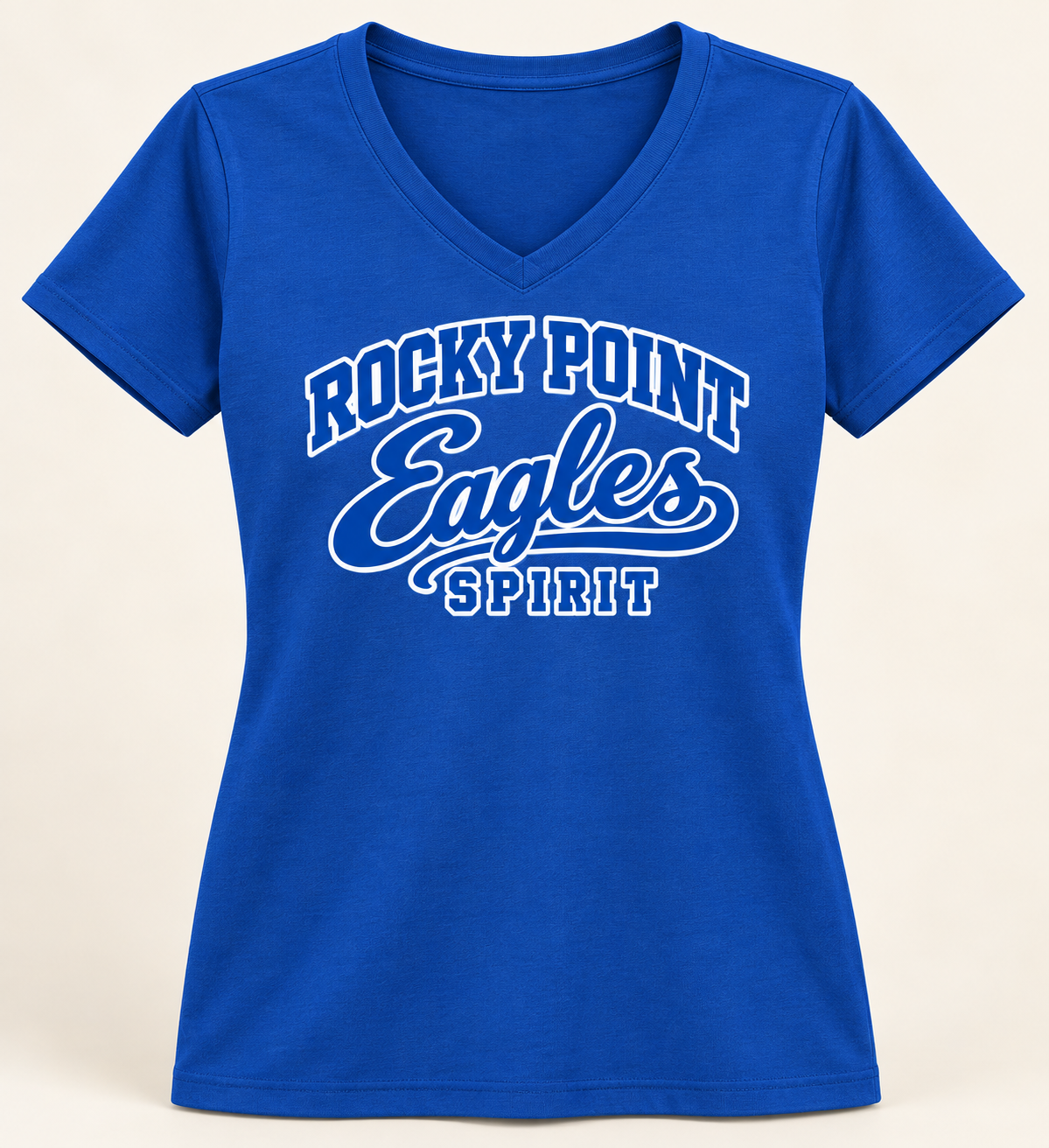 Rocky Point Eagles Spirit varsity-script Royal women's V-neck, single front view with blue-and-white lettering