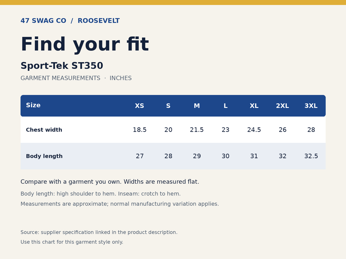 Sport-Tek ST350 garment-specific sizing chart in inches