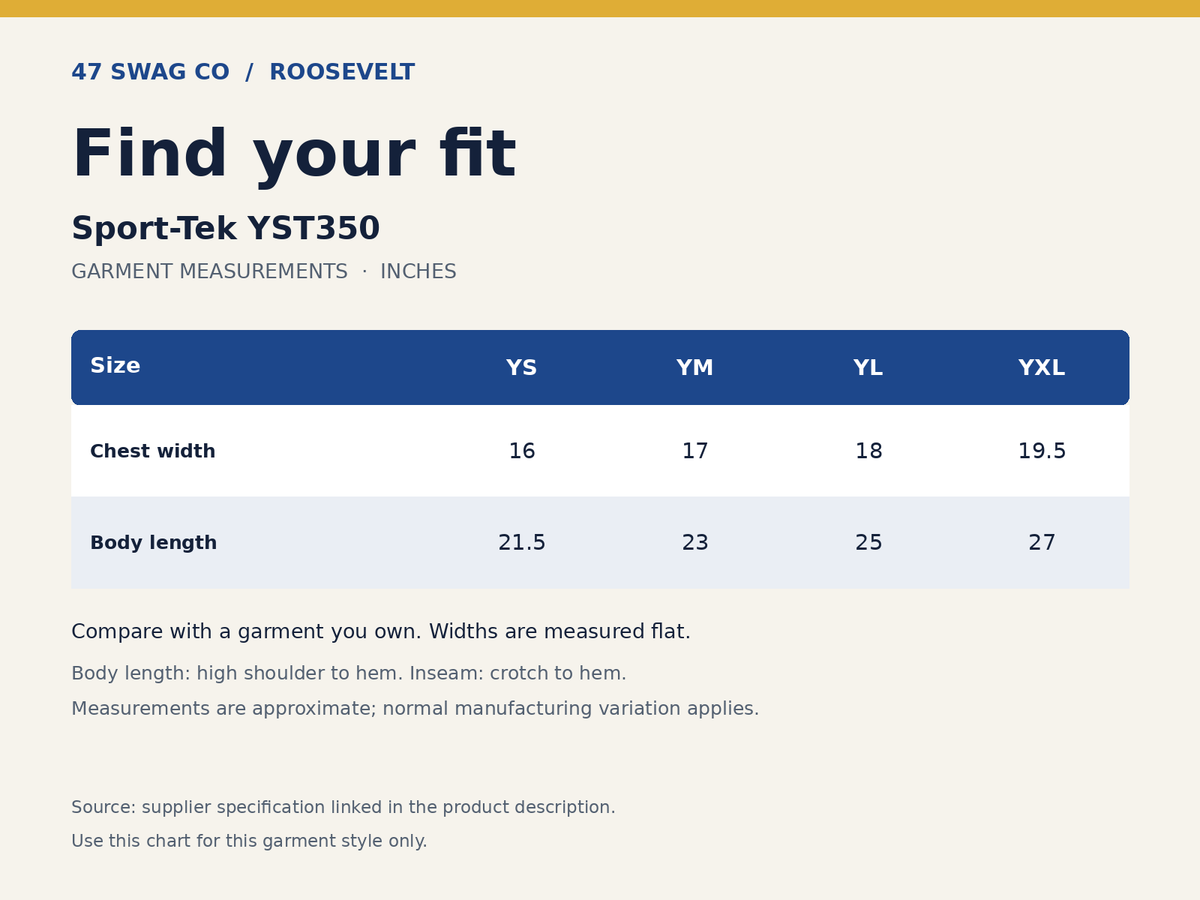 Sport-Tek YST350 garment-specific sizing chart in inches