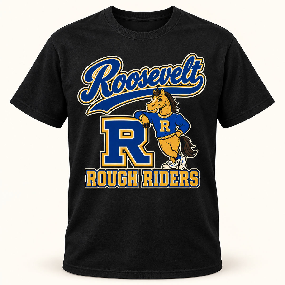 Roosevelt Prep Mascot Black cotton T-shirt front digital product mockup