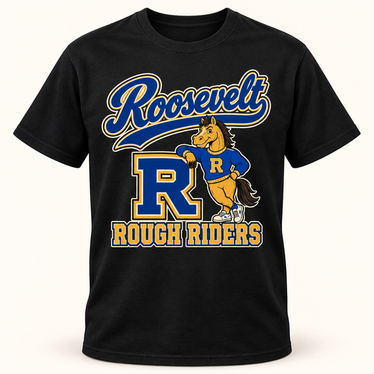 Roosevelt Prep Mascot Black cotton T-shirt front digital product mockup