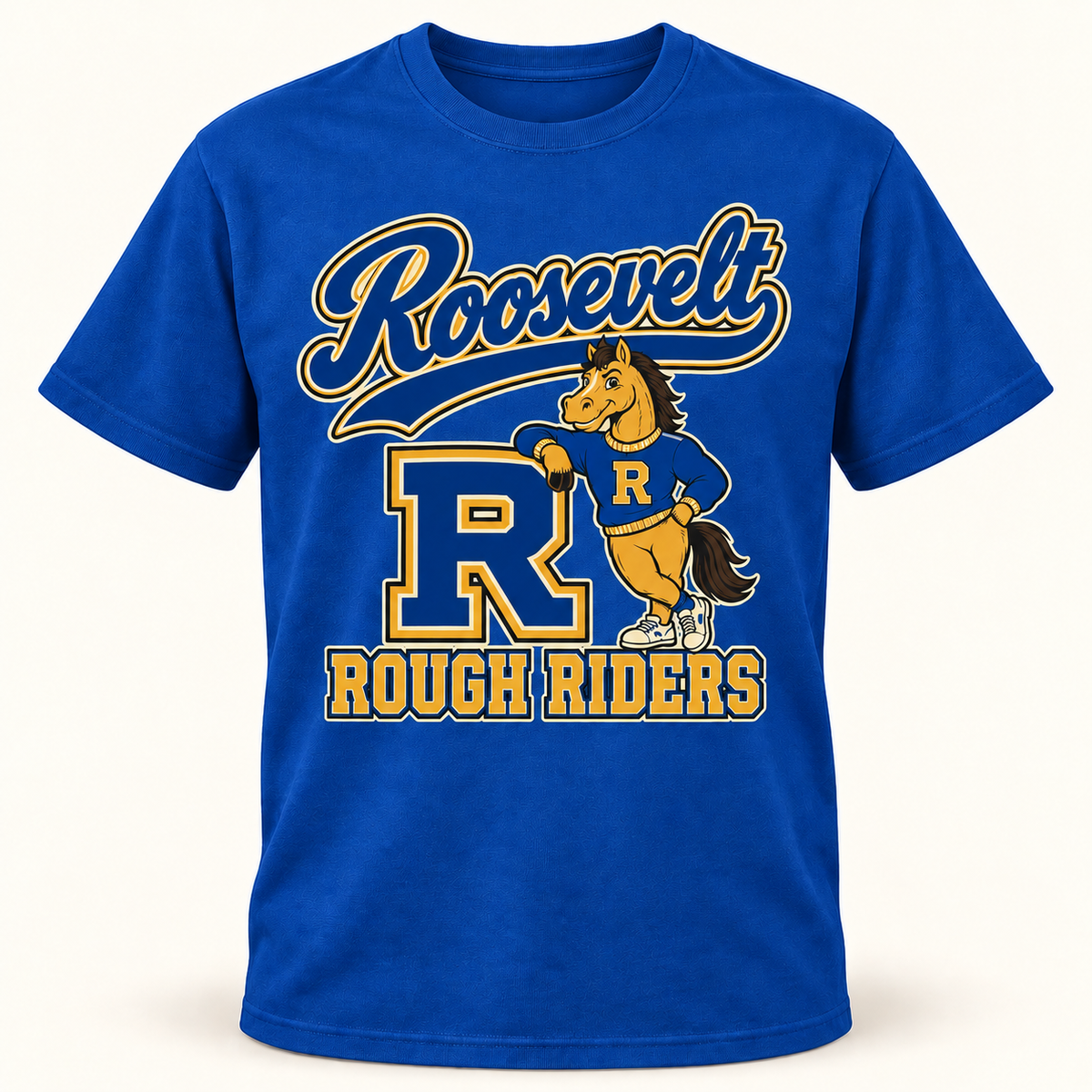 Roosevelt Prep Mascot Royal Blue cotton T-shirt front digital product mockup
