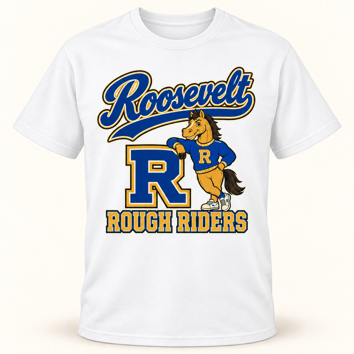 Roosevelt Prep Mascot White cotton T-shirt front digital product mockup