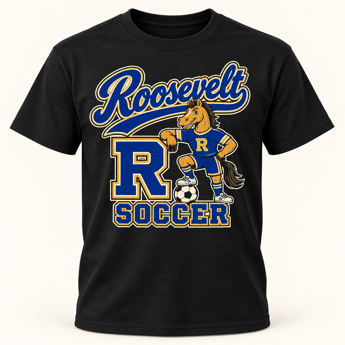 Roosevelt Retro Mascot Black cotton T-shirt front digital product mockup