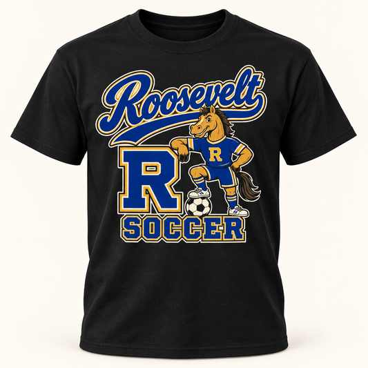 Roosevelt Retro Mascot Black cotton T-shirt front digital product mockup