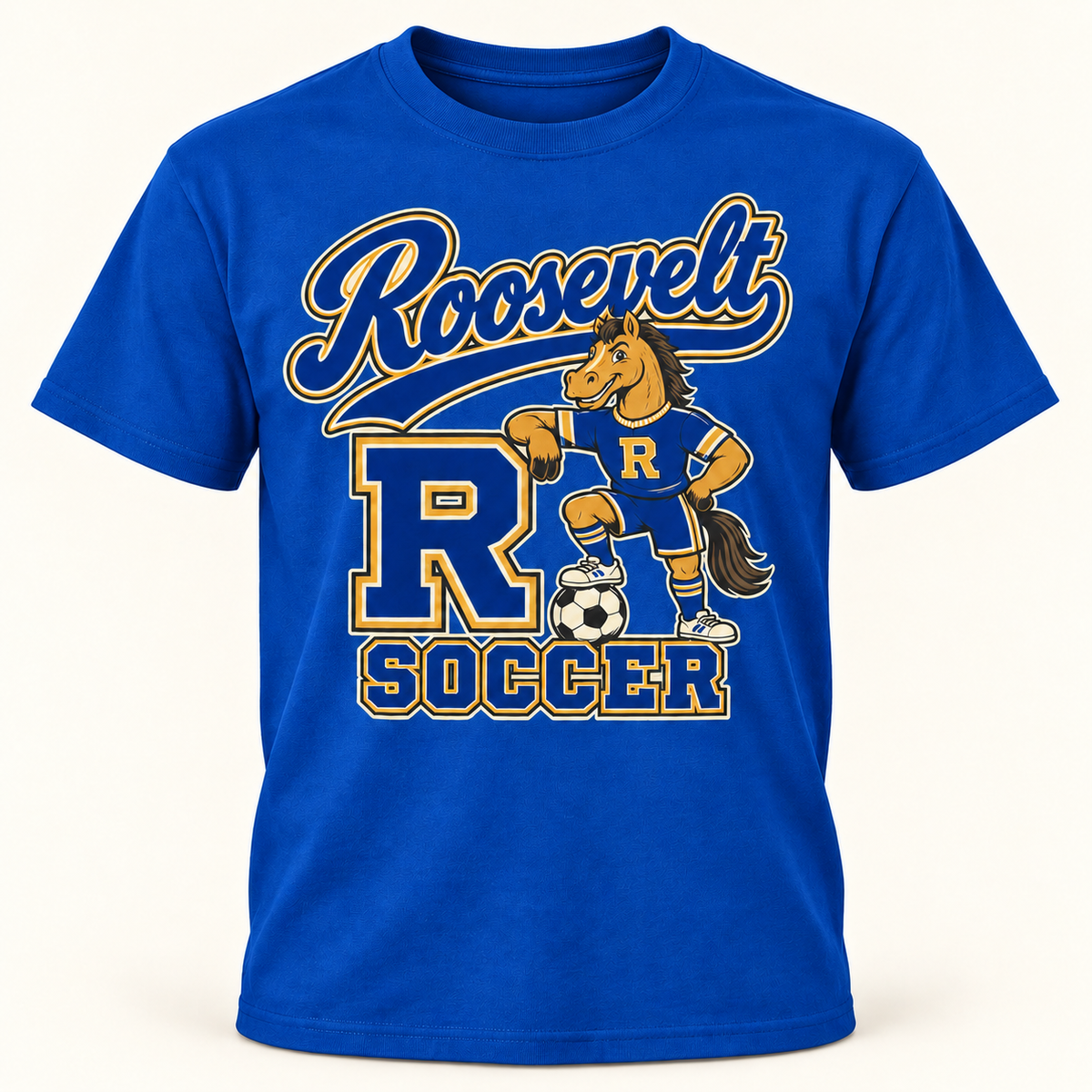 Roosevelt Retro Mascot Royal Blue cotton T-shirt front digital product mockup