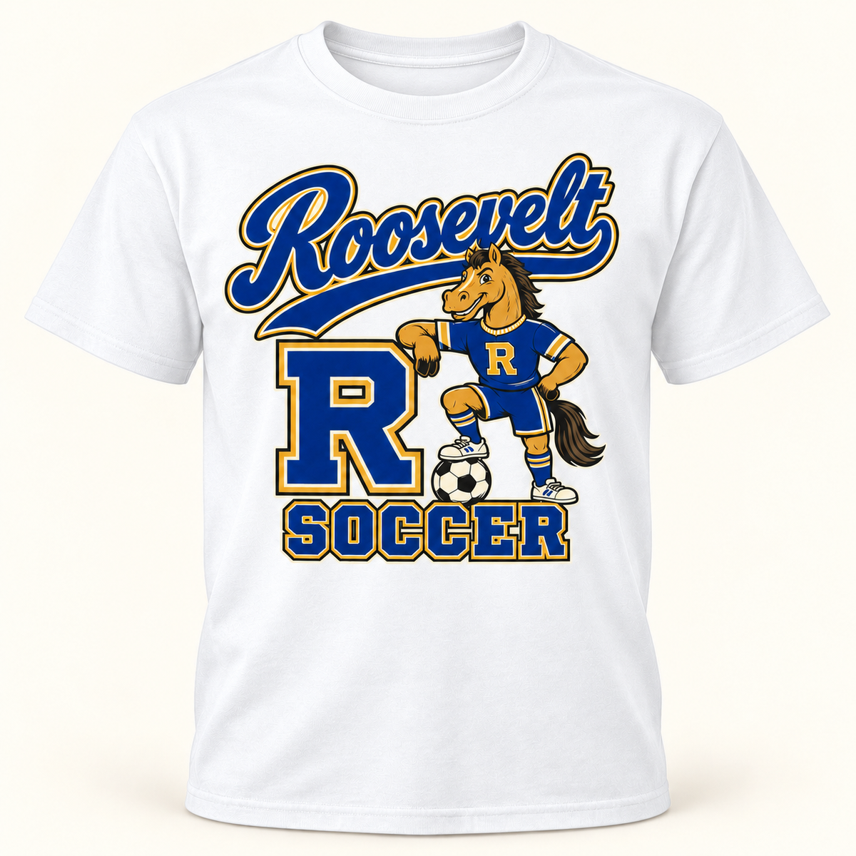Roosevelt Retro Mascot White cotton T-shirt front digital product mockup