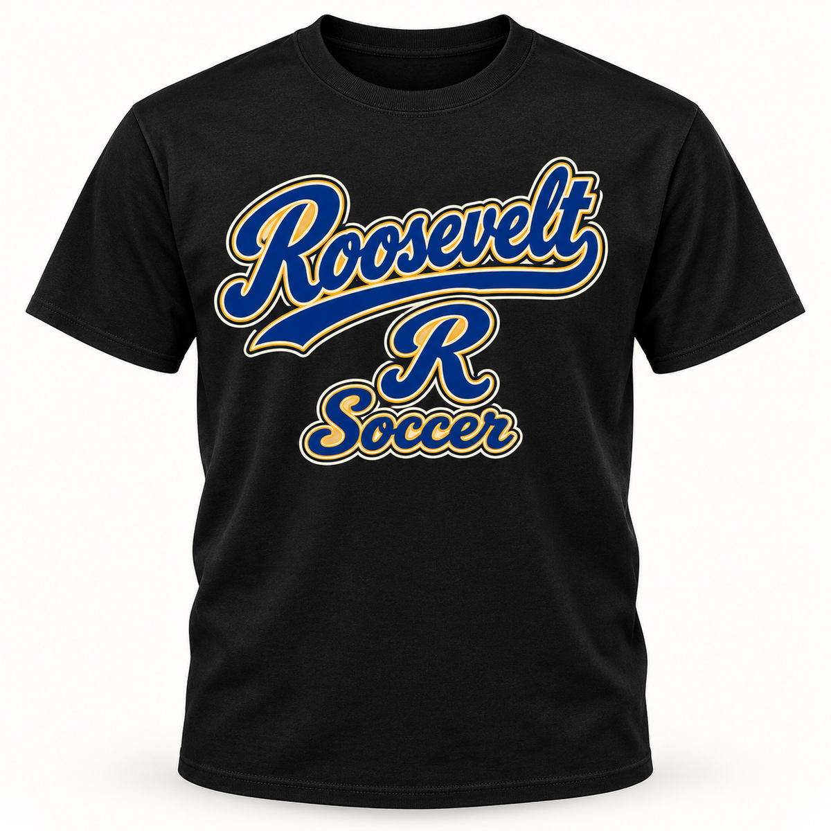 Roosevelt Signature Script Black cotton T-shirt front digital product mockup
