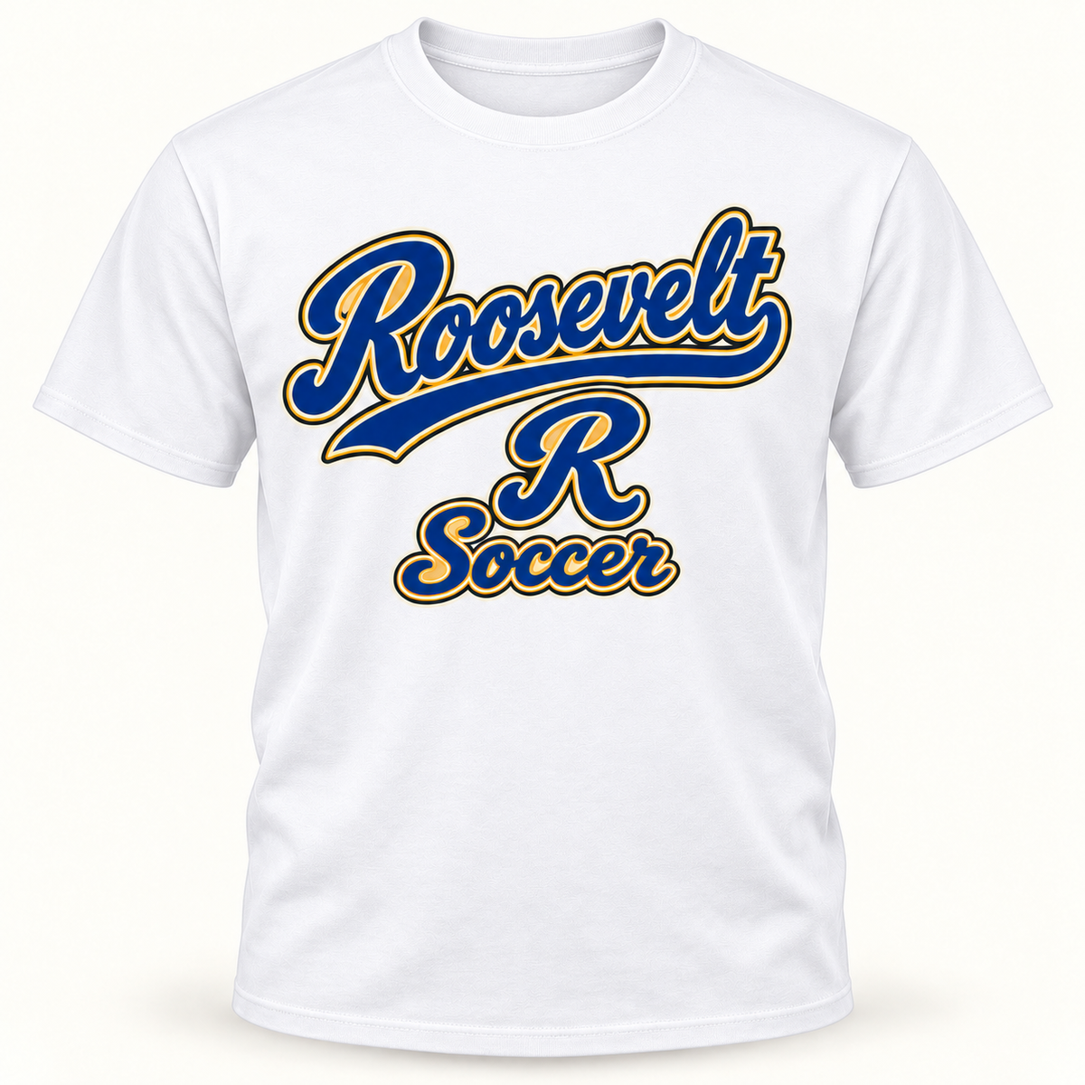 Roosevelt Signature Script White cotton T-shirt front digital product mockup