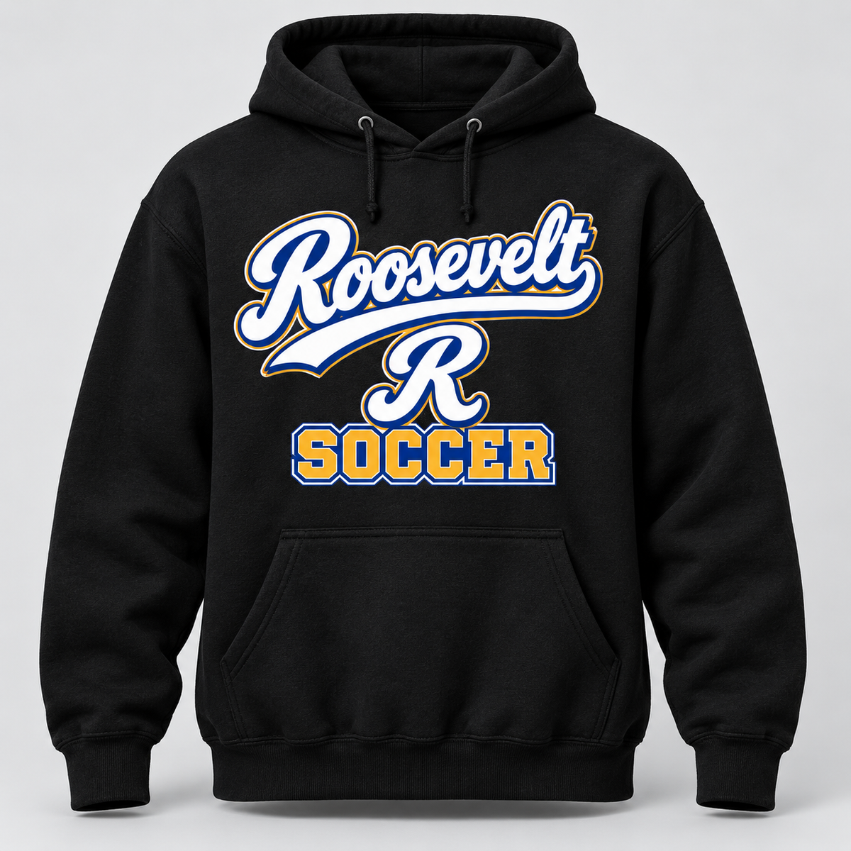Roosevelt Soccer Script Varsity adult hoodie in Black, front product mockup