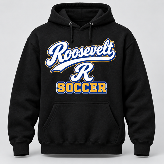 Roosevelt Soccer Script Varsity adult hoodie in Black, front product mockup