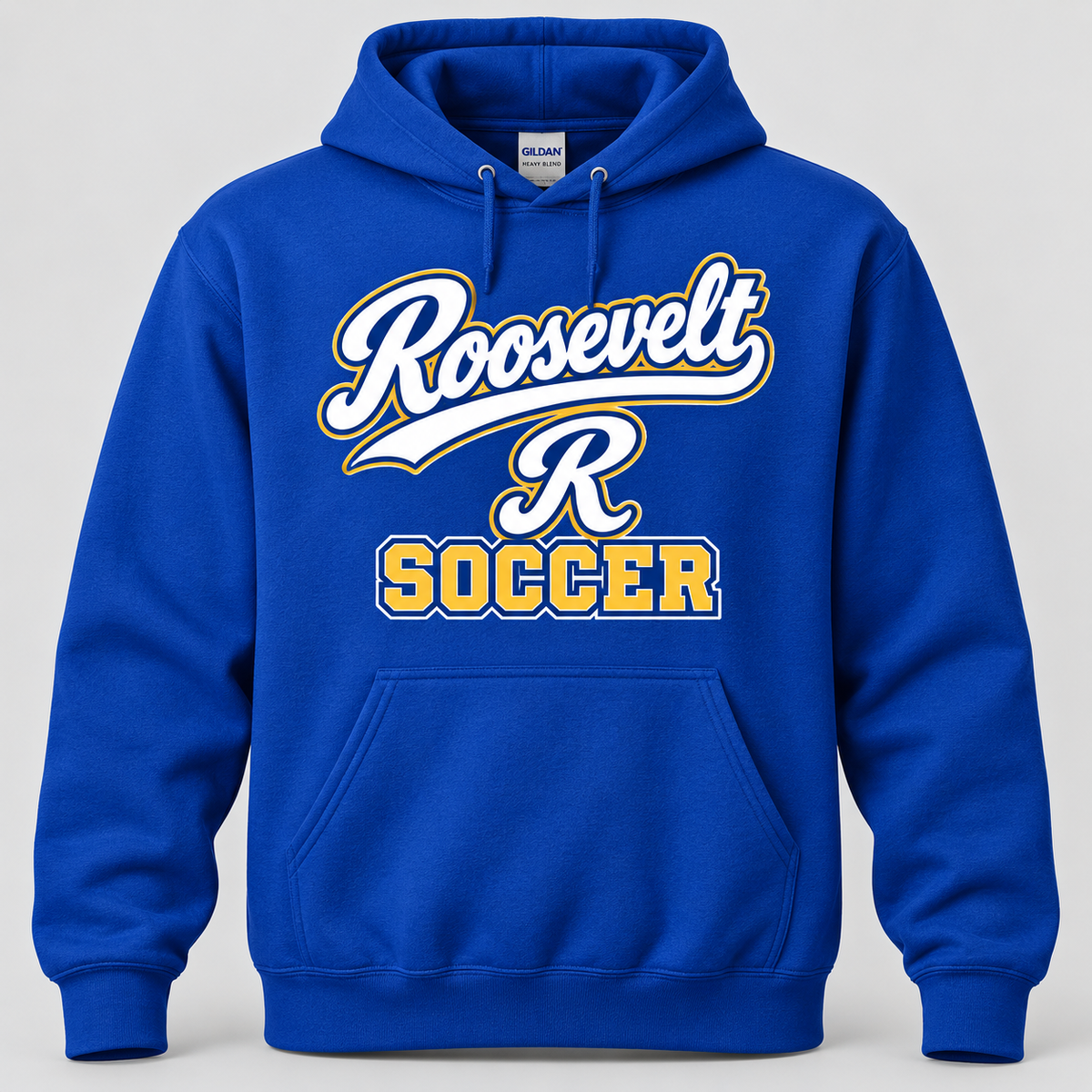 Roosevelt Soccer Script Varsity adult hoodie in Royal Blue, front product mockup