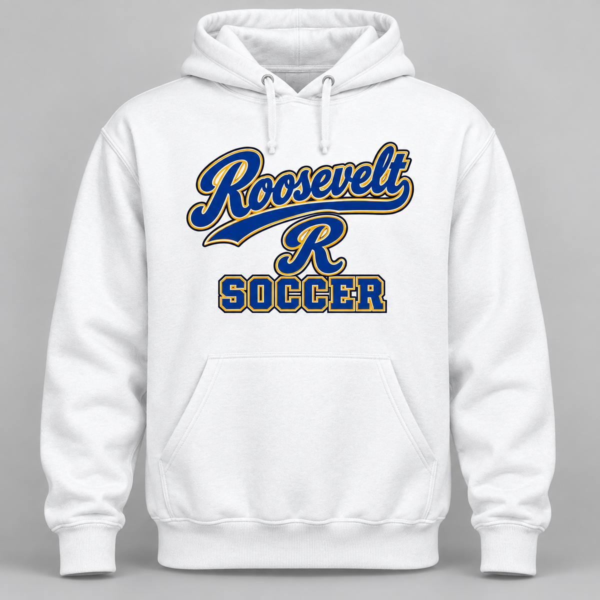 Roosevelt Soccer Script Varsity adult hoodie in White, front product mockup