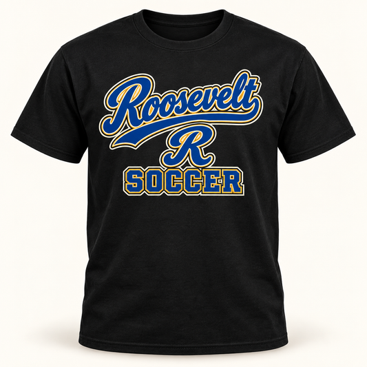 Roosevelt Script Varsity Black cotton T-shirt front digital product mockup