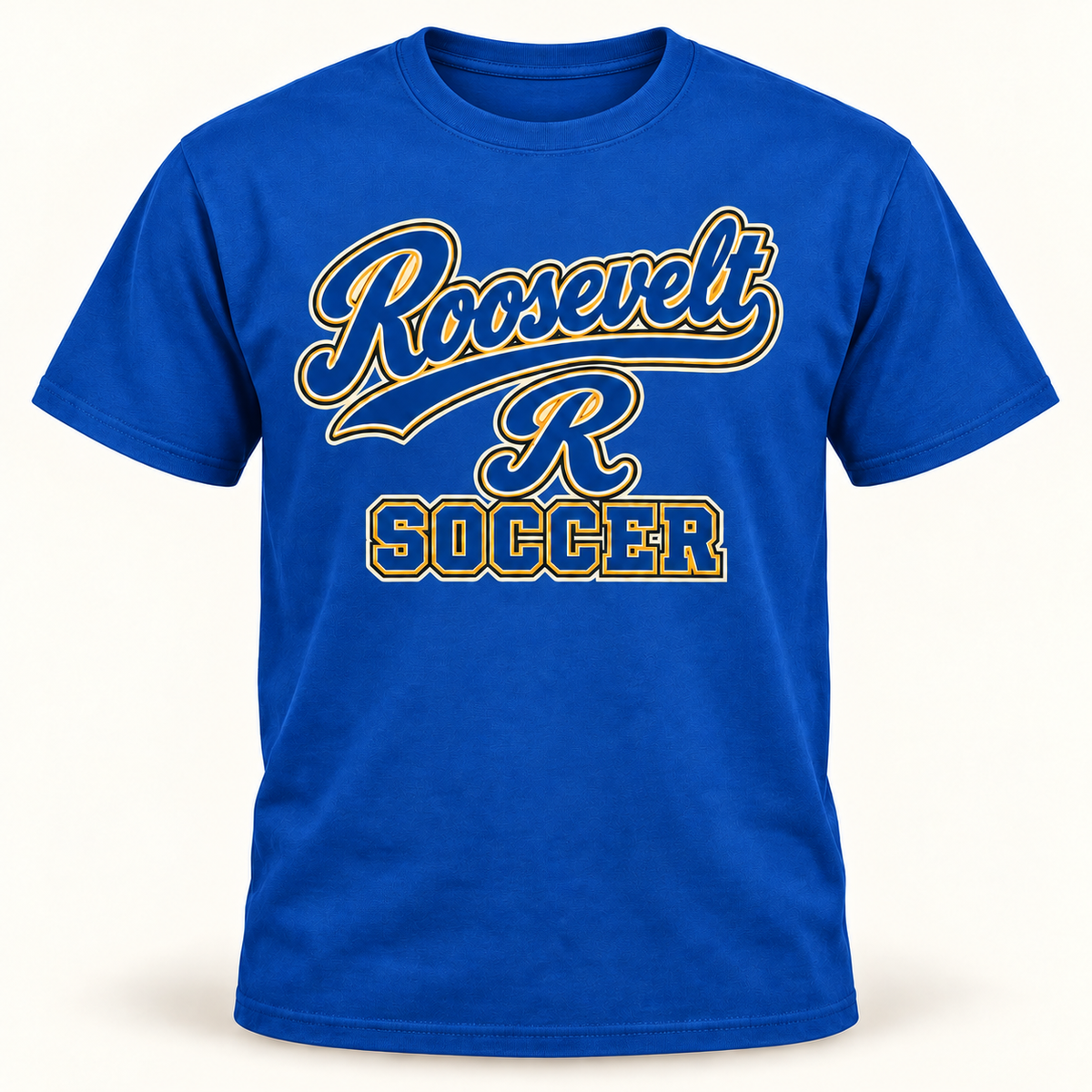 Roosevelt Script Varsity Royal Blue cotton T-shirt front digital product mockup