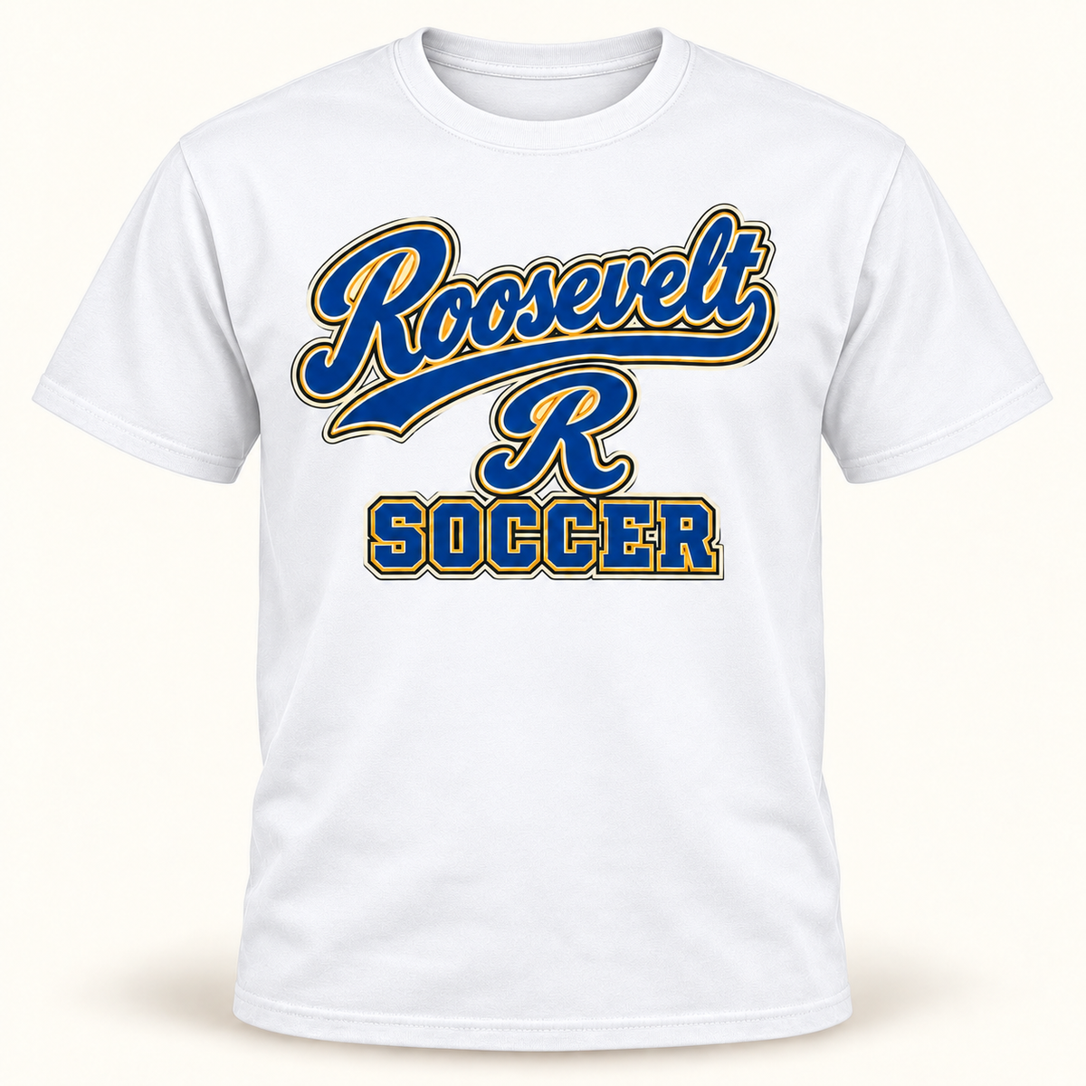 Roosevelt Script Varsity White cotton T-shirt front digital product mockup