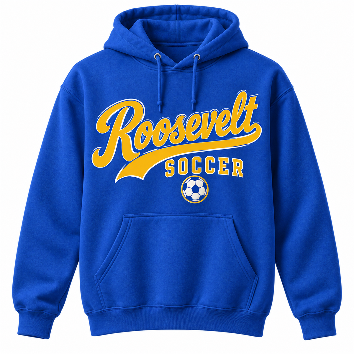 Roosevelt Soccer Youth Signature Script Pullover Hoodie Royal Blue, single product front view
