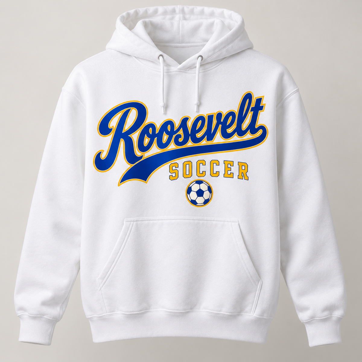 Roosevelt Soccer Youth Signature Script Pullover Hoodie White, single product front view