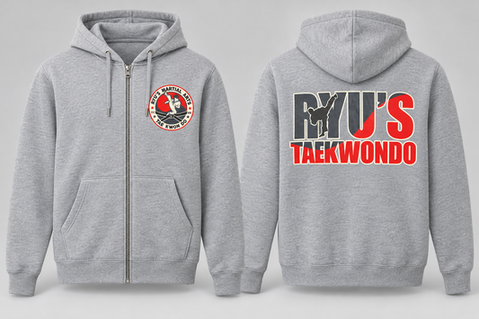 Heather Gray Ryu's Independent Full-Zip Hoodie front and back mockup