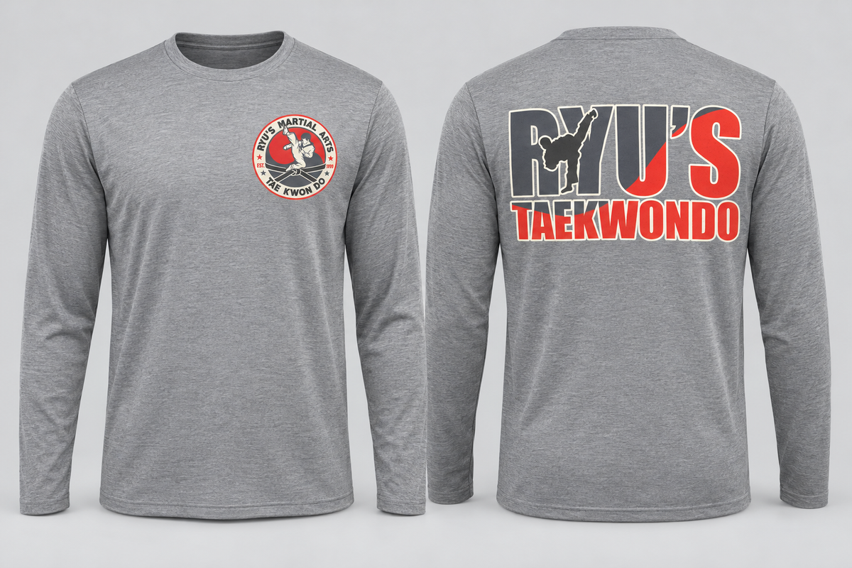 Heather Gray Ryu's Performance Long-Sleeve Tee front and back mockup