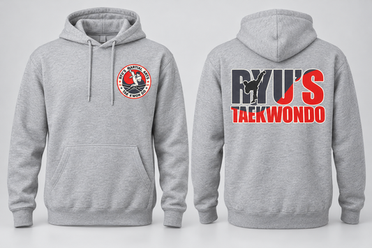 Heather Gray Ryu's Independent Pullover Hoodie front and back mockup