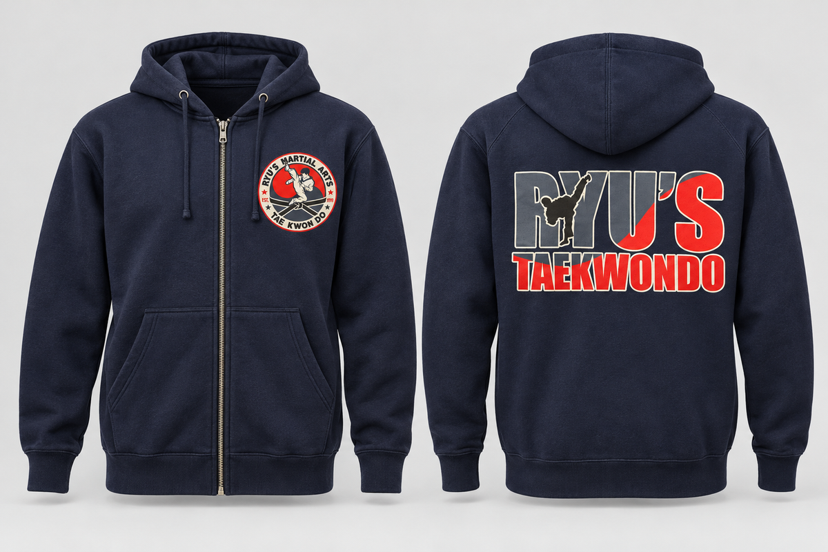 Navy Ryu's Independent Full-Zip Hoodie front and back mockup