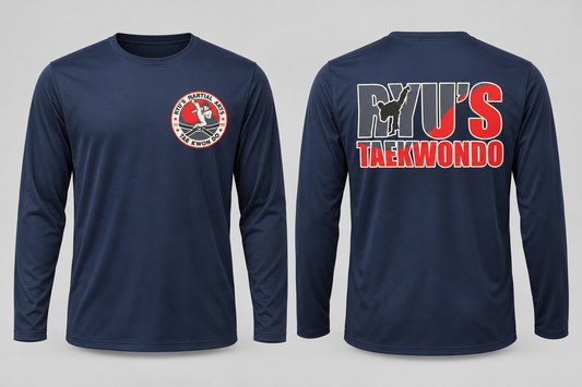 Navy Ryu's Performance Long-Sleeve Tee front and back mockup