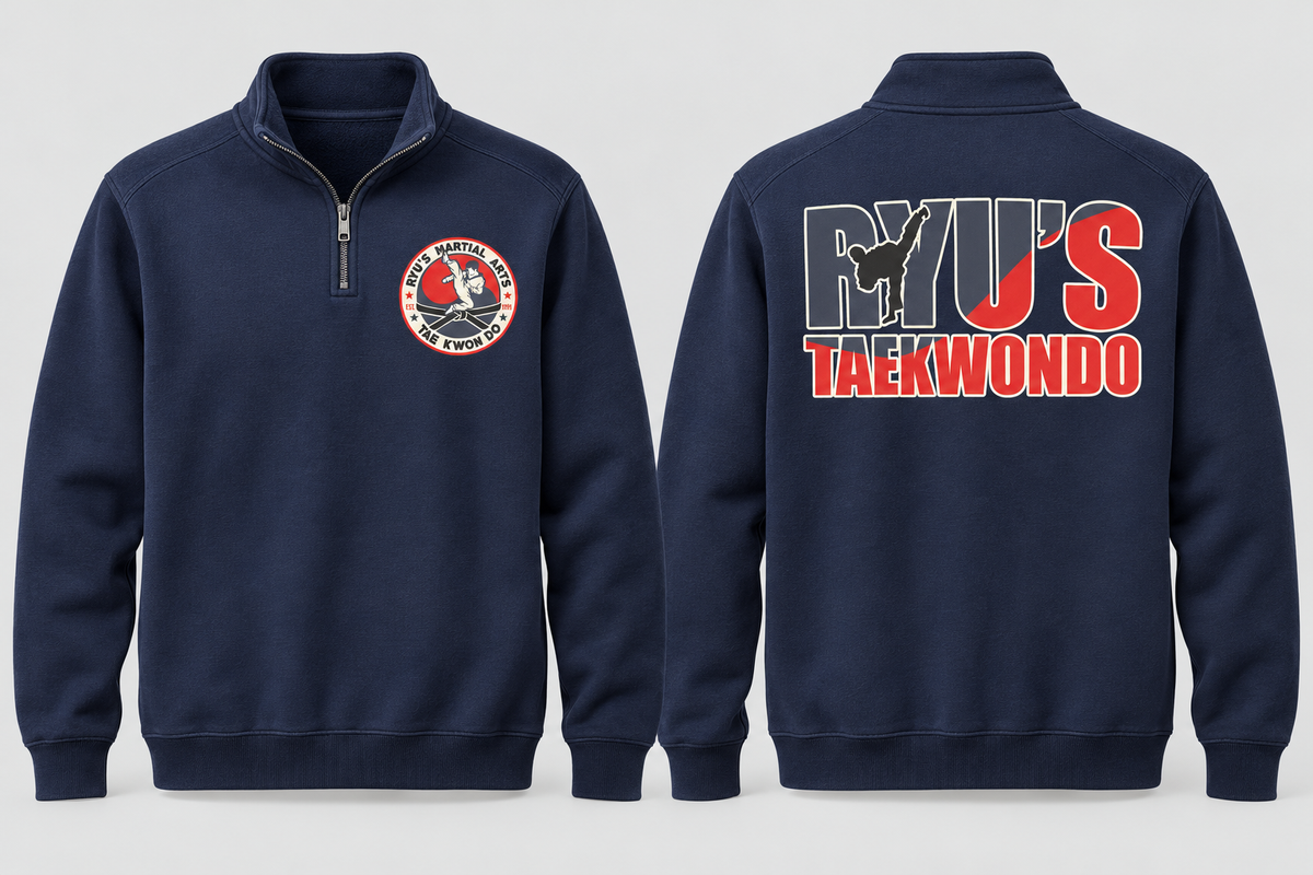 Navy Ryu's Independent Quarter-Zip Sweatshirt front and back mockup