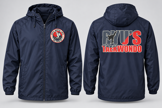 Navy Ryu's Independent Full-Zip Windbreaker front and back mockup
