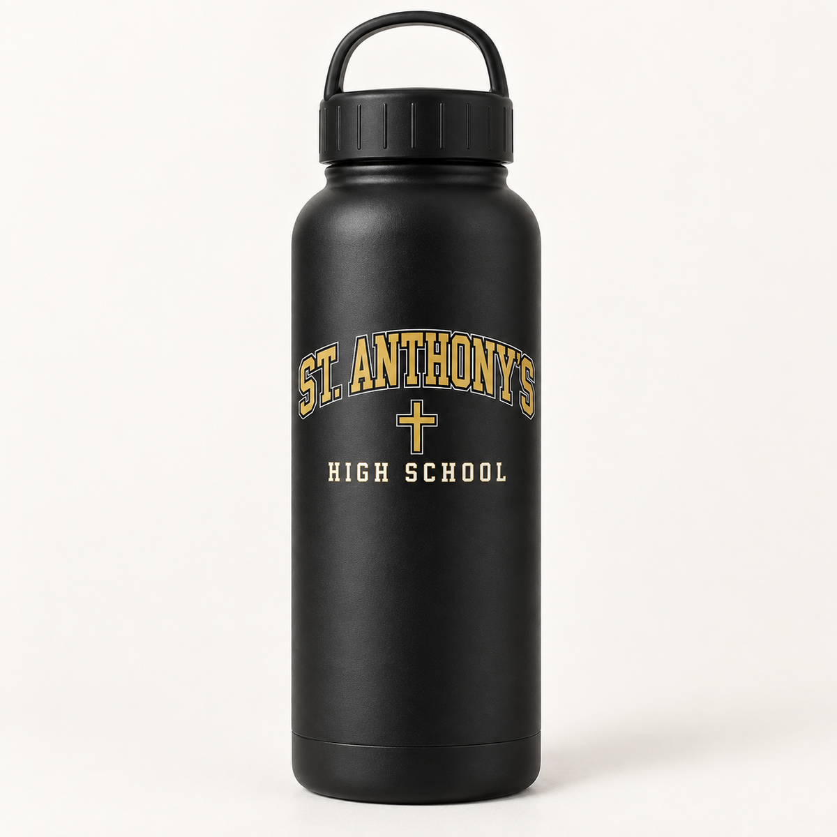 St. Anthony's High School Collegiate Water Bottle in Black, gold collegiate design