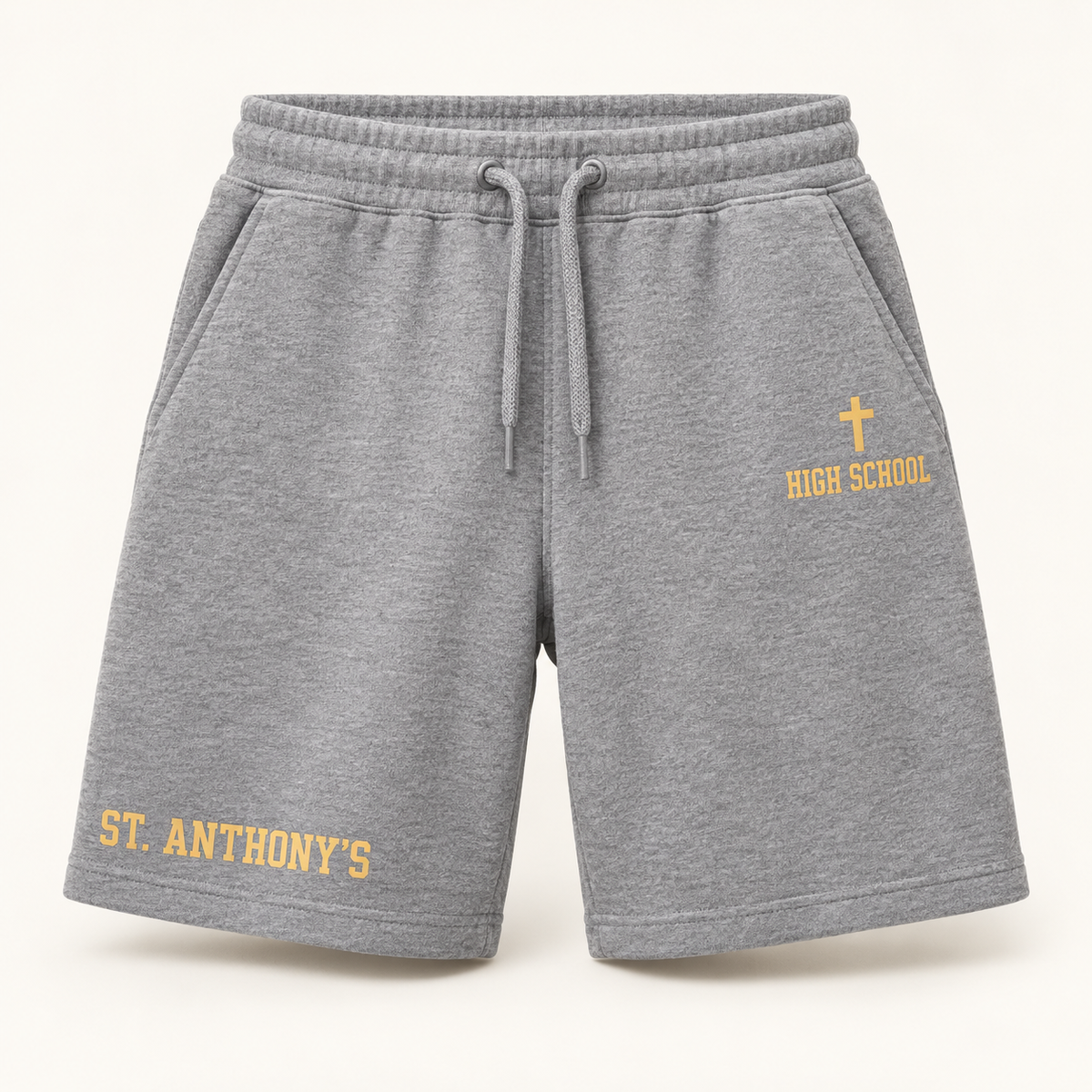 St. Anthony's High School Cotton-Blend Fleece Shorts in Heather Gray, gold collegiate design