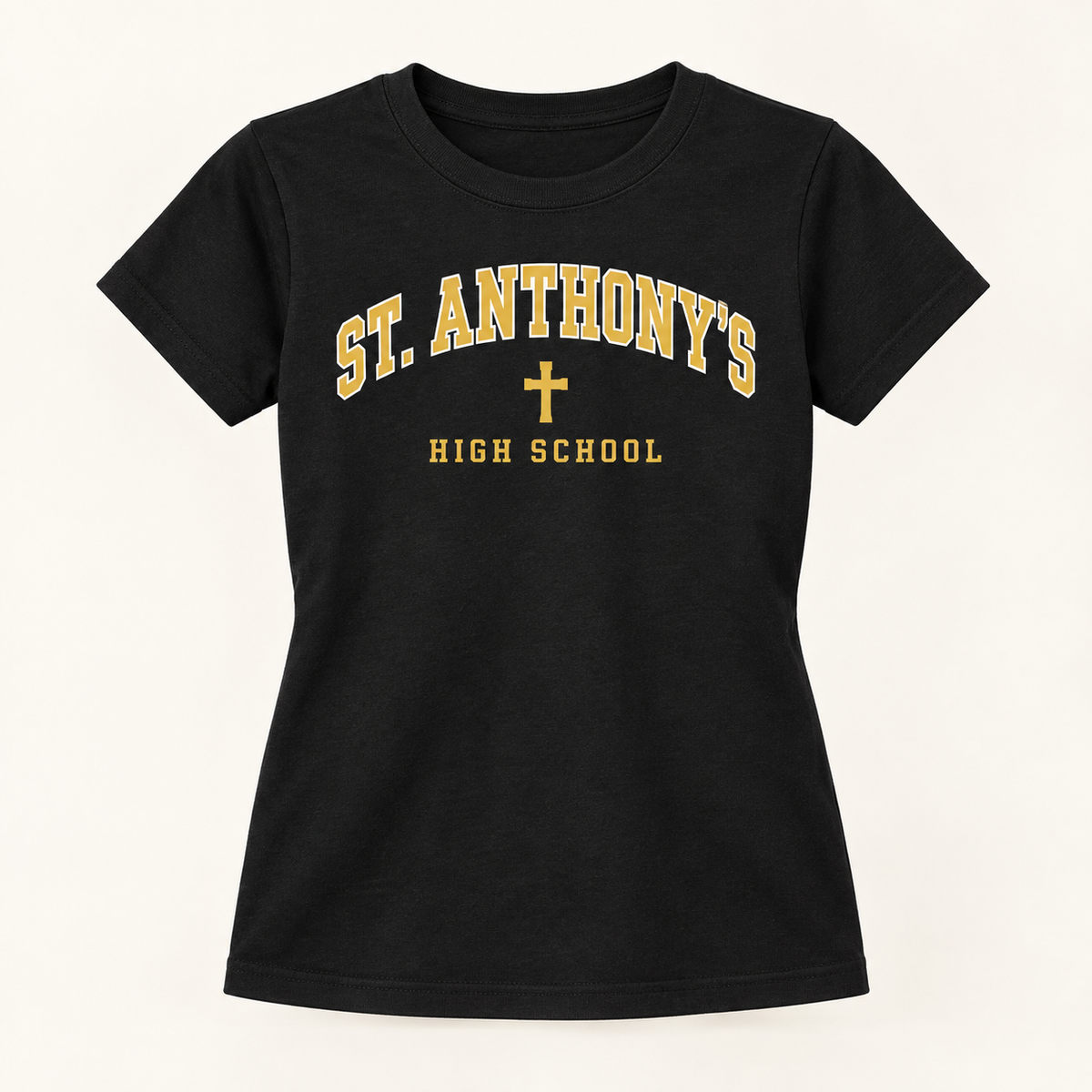 St. Anthony's High School Girls Collegiate T-Shirt in Black, gold collegiate design