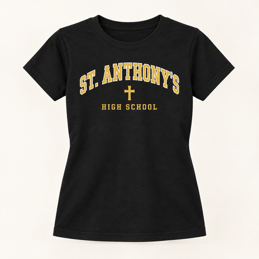 St. Anthony's High School Girls Collegiate T-Shirt in Black, gold collegiate design