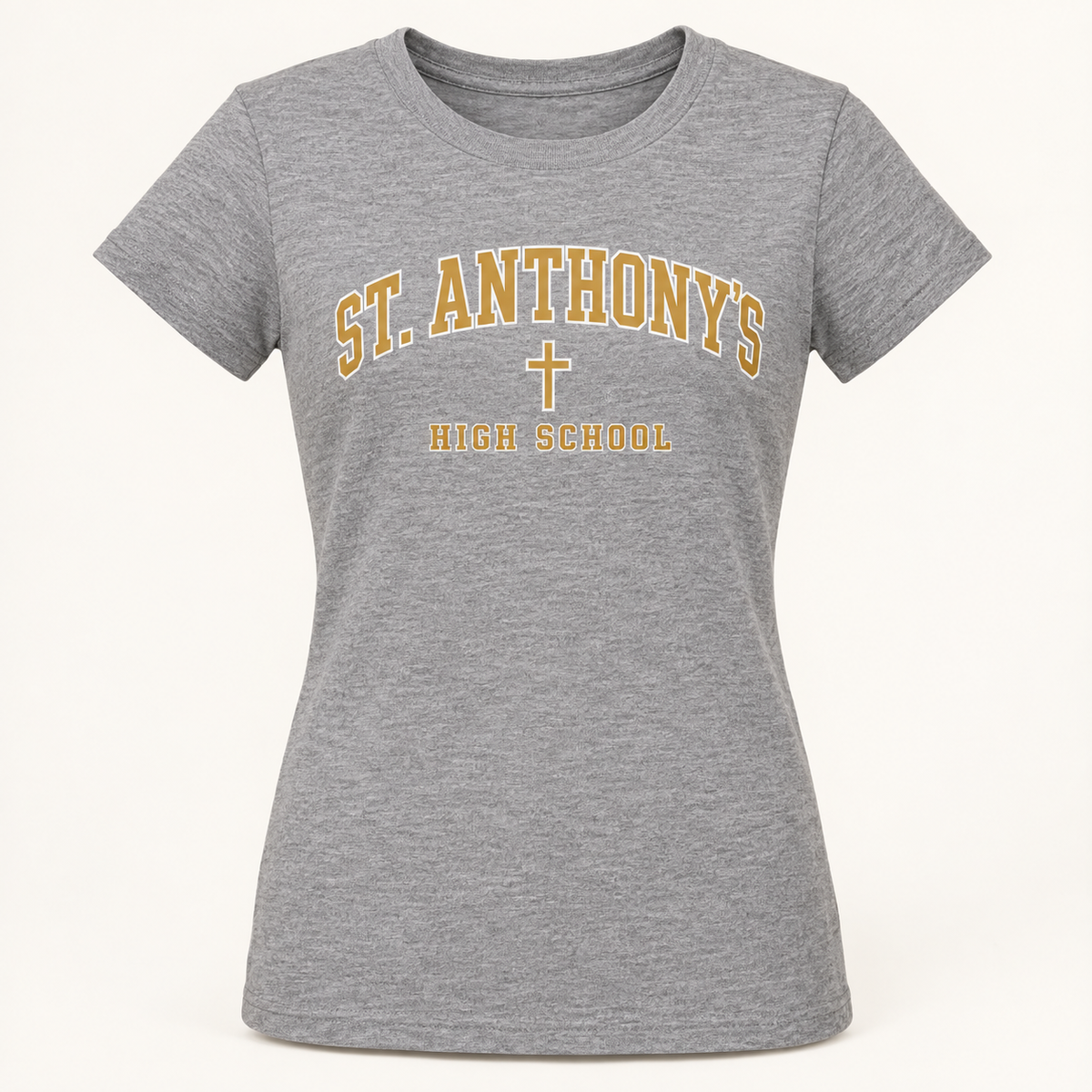 St. Anthony's High School Girls Collegiate T-Shirt in Heather Gray, gold collegiate design
