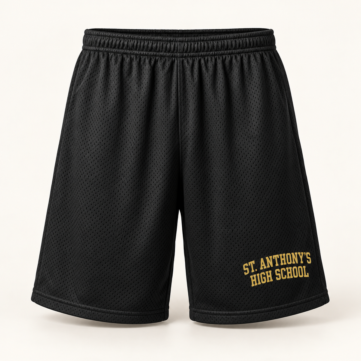 St. Anthony's High School Polyester Mesh Basketball Shorts in Black, gold collegiate design
