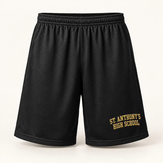 St. Anthony's High School Polyester Mesh Basketball Shorts in Black, gold collegiate design