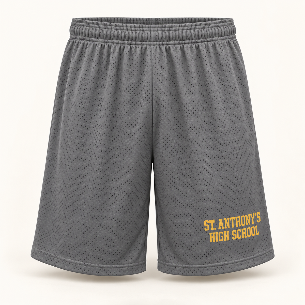 St. Anthony's High School Polyester Mesh Basketball Shorts in Iron Gray, gold collegiate design